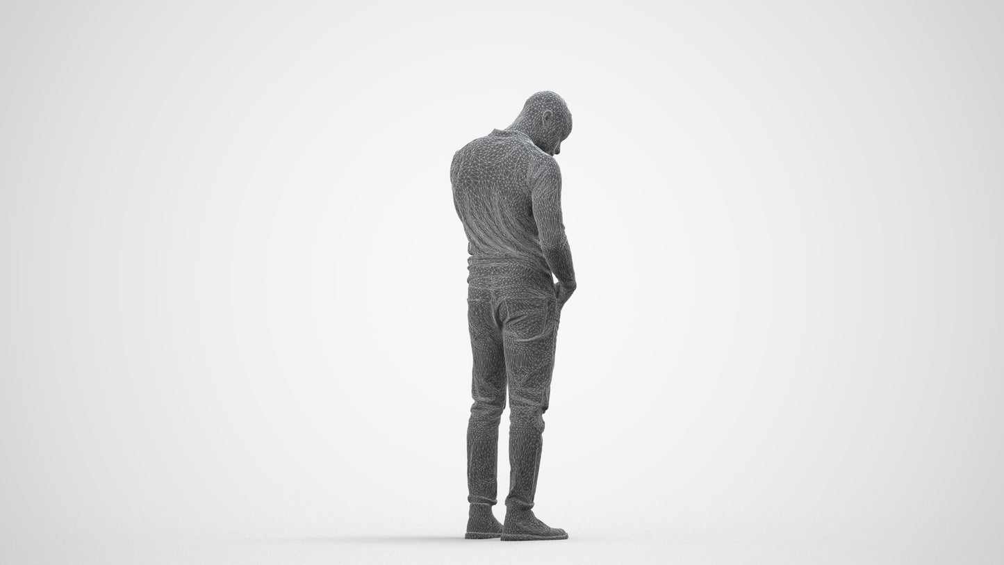 photogrammetry 3D man casual standing, realistic human model archviz FBX, wireframe side view