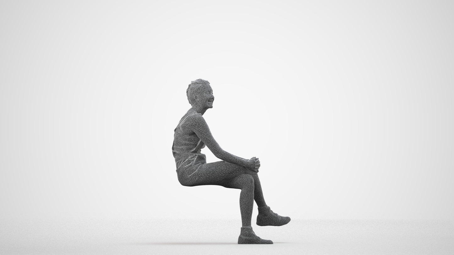 realistic 3D woman casual sitting, scanned archviz people for Blender and 3ds Max, wireframe side view