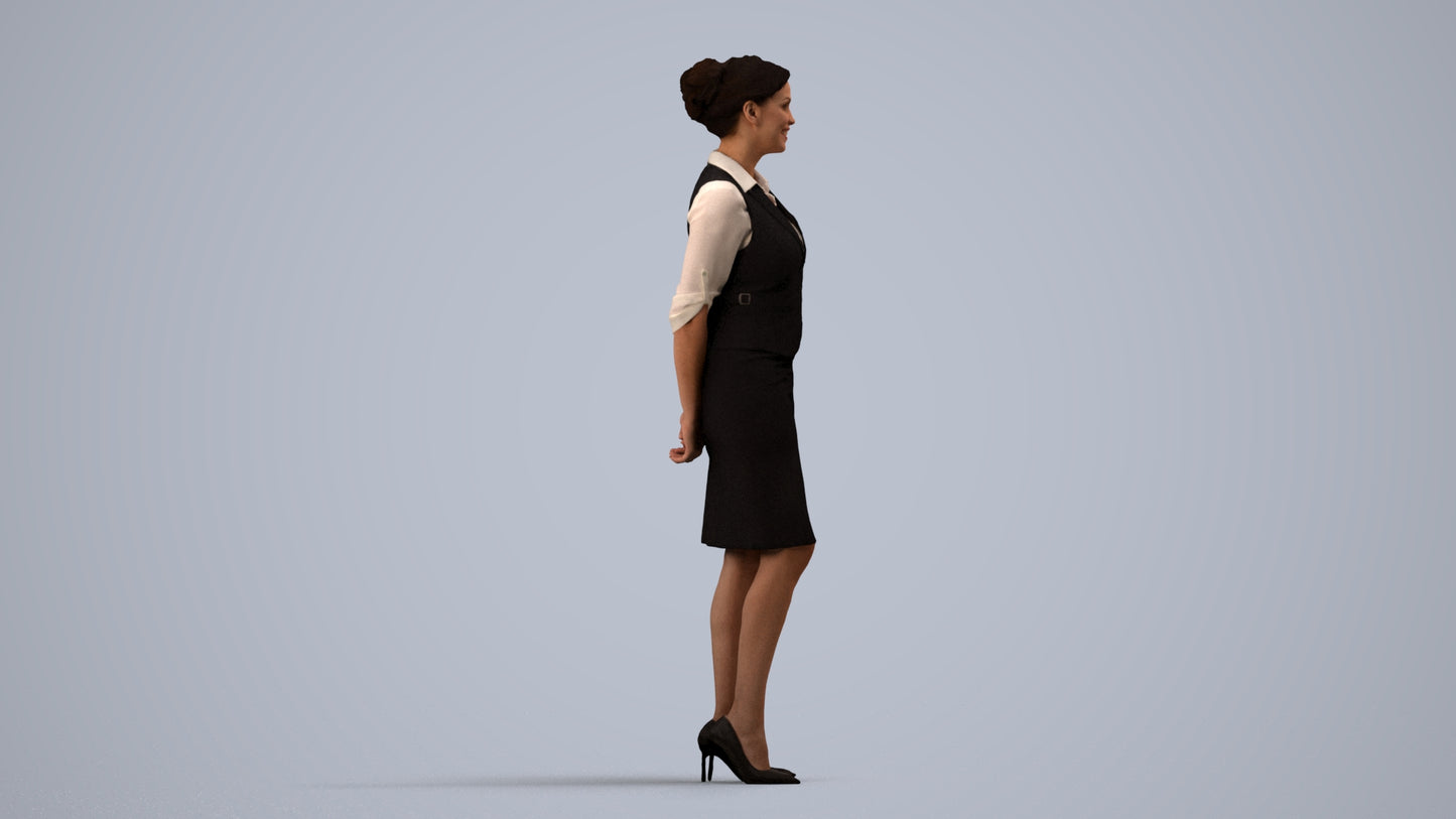 realistic 3D people woman hospitality, render-ready for V-Ray and Corona, FBX OBJ, side view render