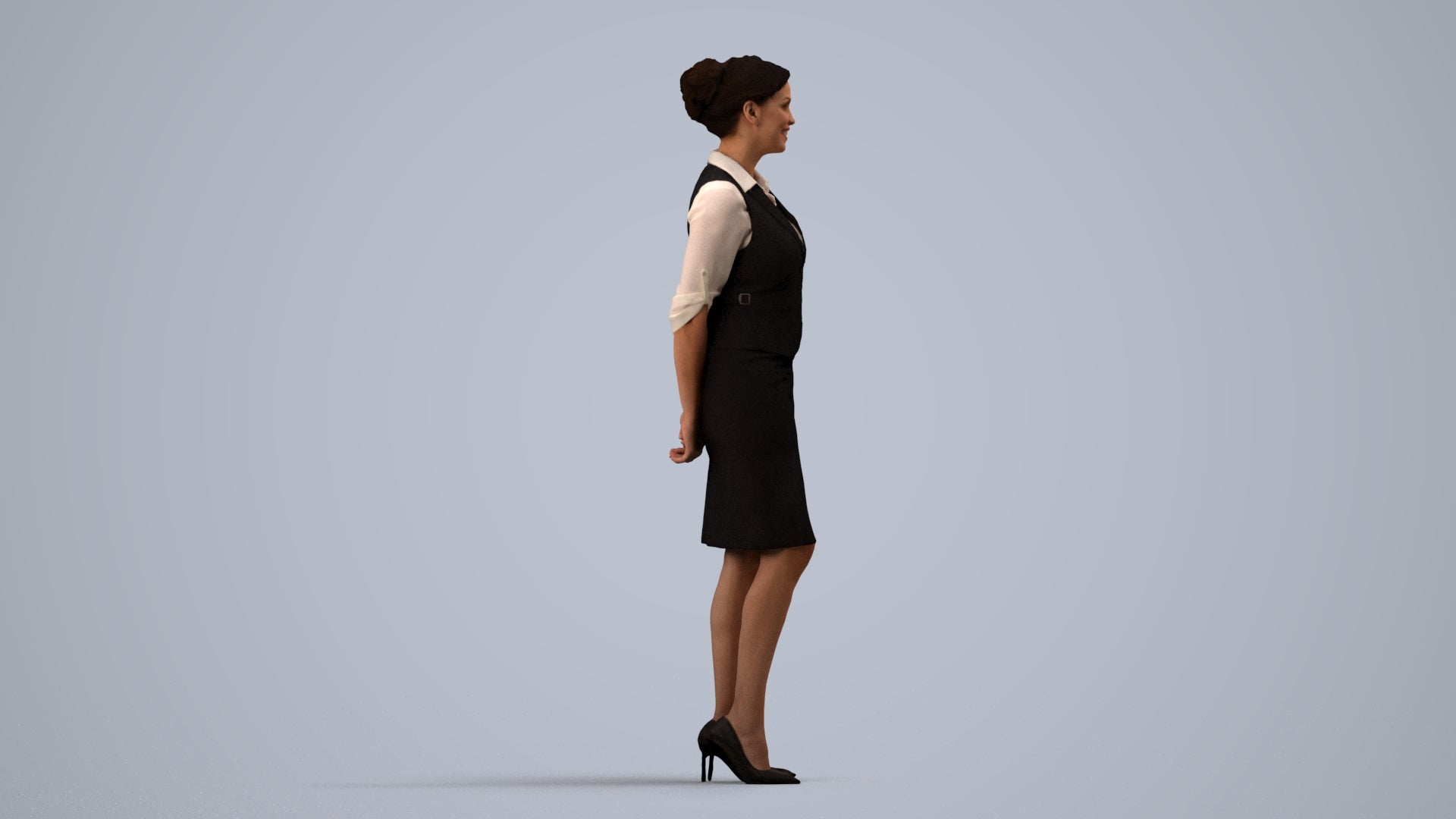realistic 3D people woman hospitality, render-ready for V-Ray and Corona, FBX OBJ, side view render
