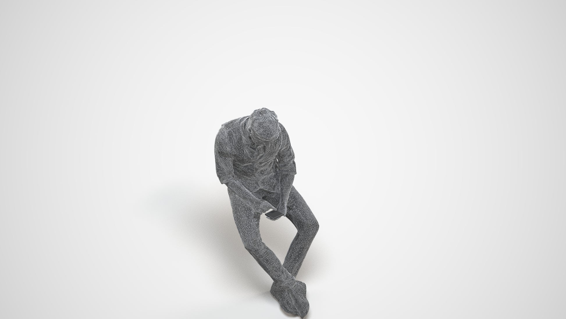 scanned 3D man casual sitting, photogrammetry people for Enscape and V-Ray, wireframe three-quarter view