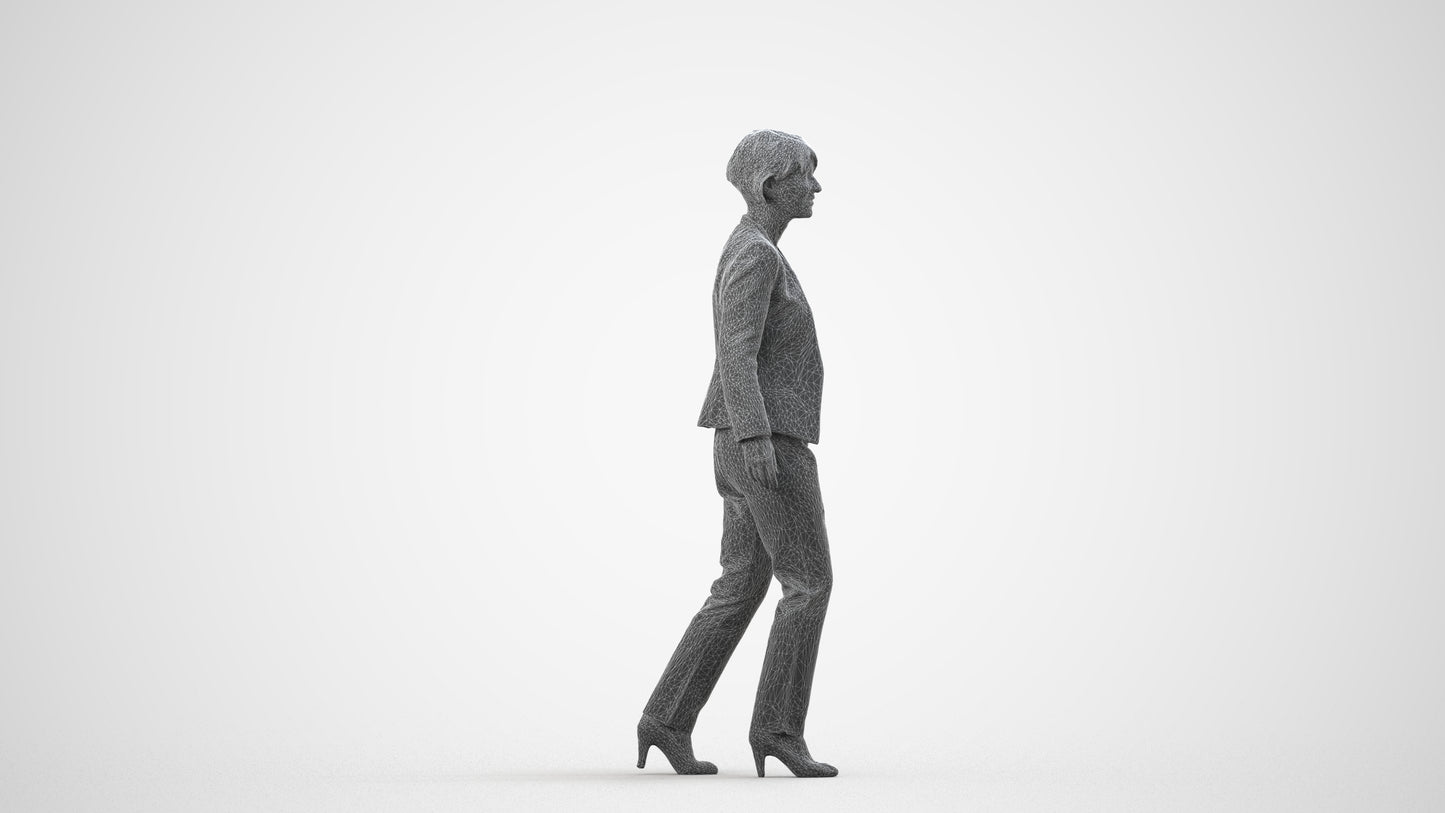 3D people model senior woman business walking, scanned human for 3ds Max rendering, wireframe side view
