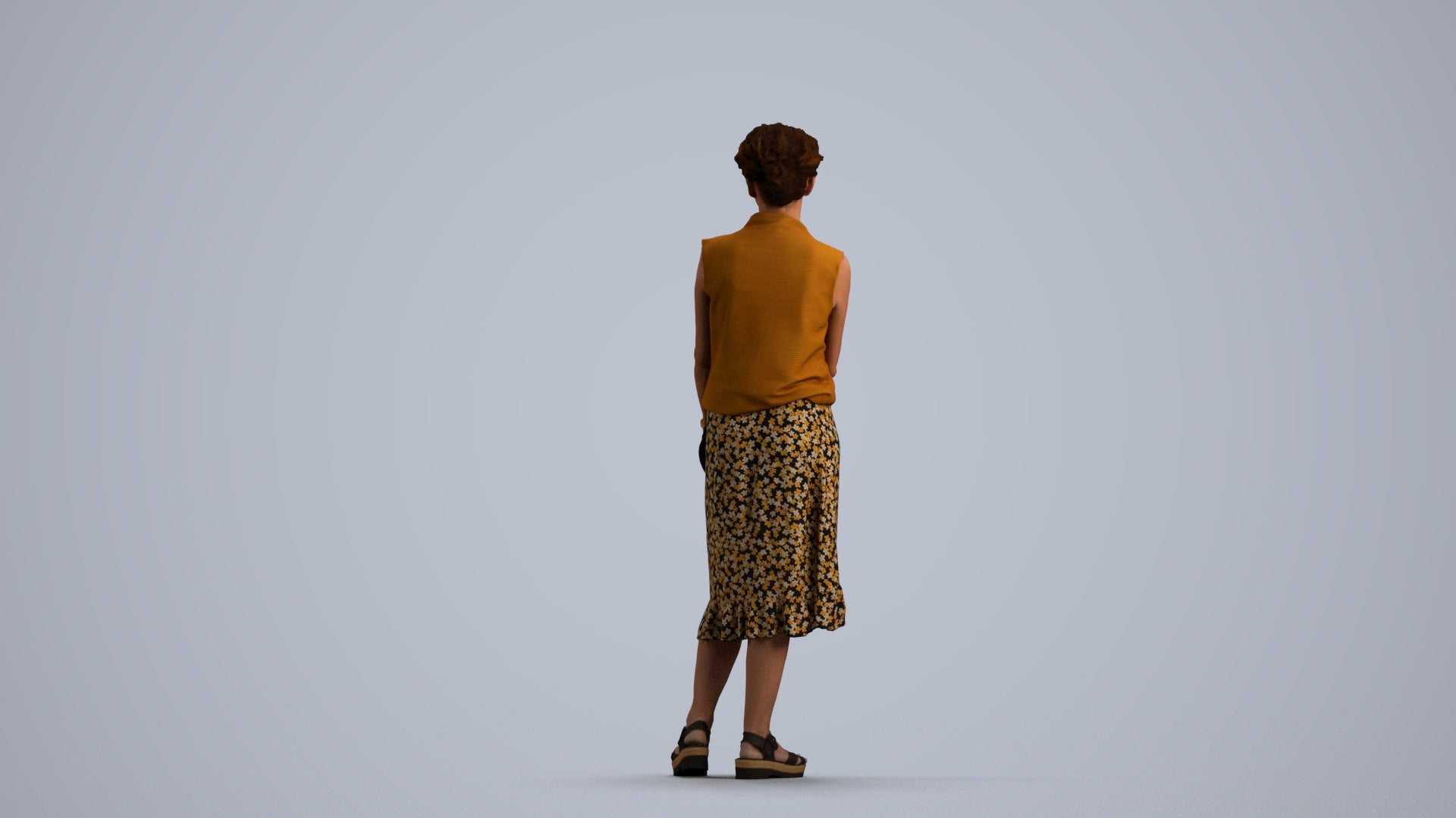 3D human model woman casual standing, photogrammetry scanned person for archviz, front view render