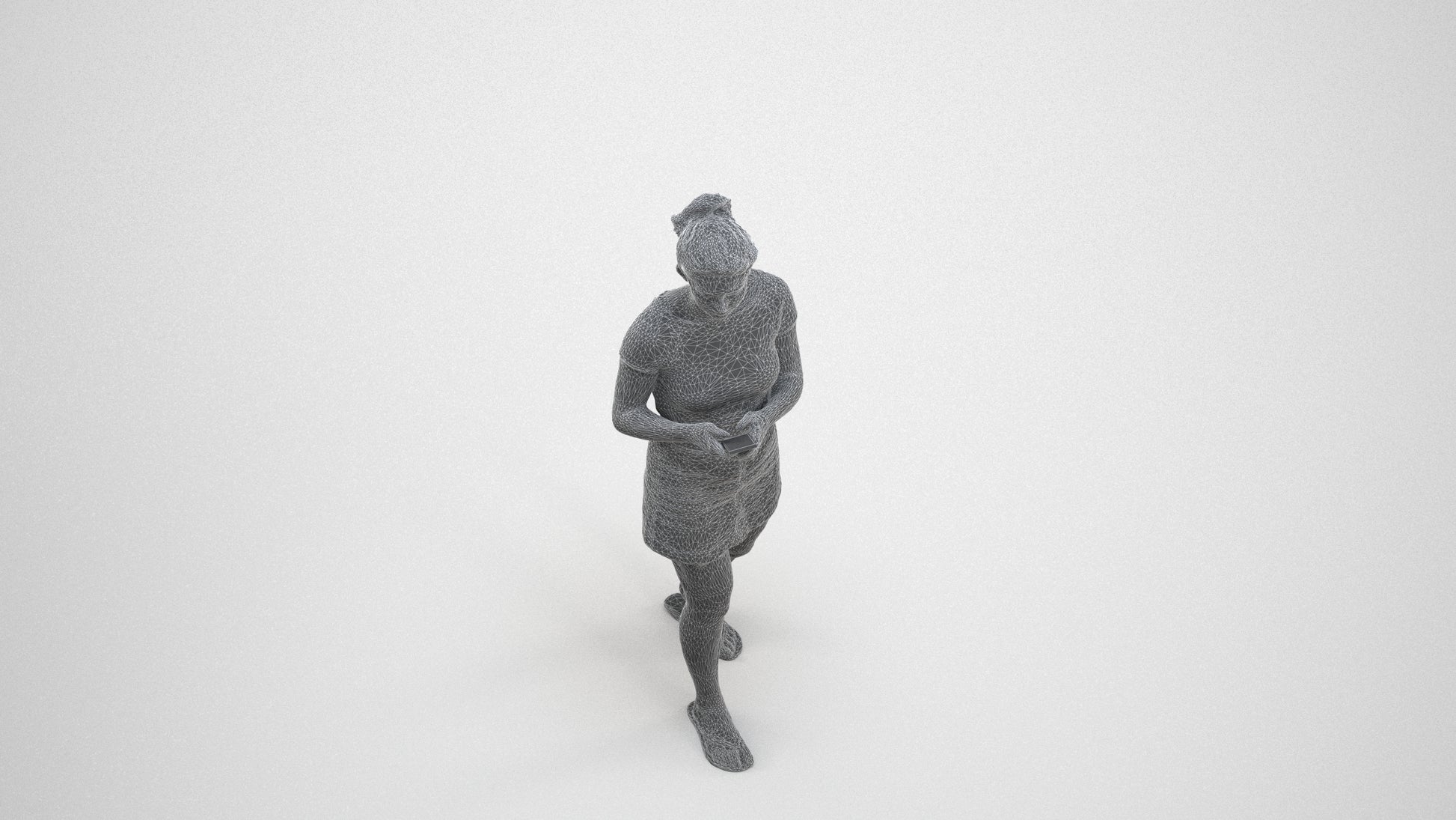 realistic 3D human woman casual standing, archviz people FBX OBJ for Blender, wireframe three-quarter view