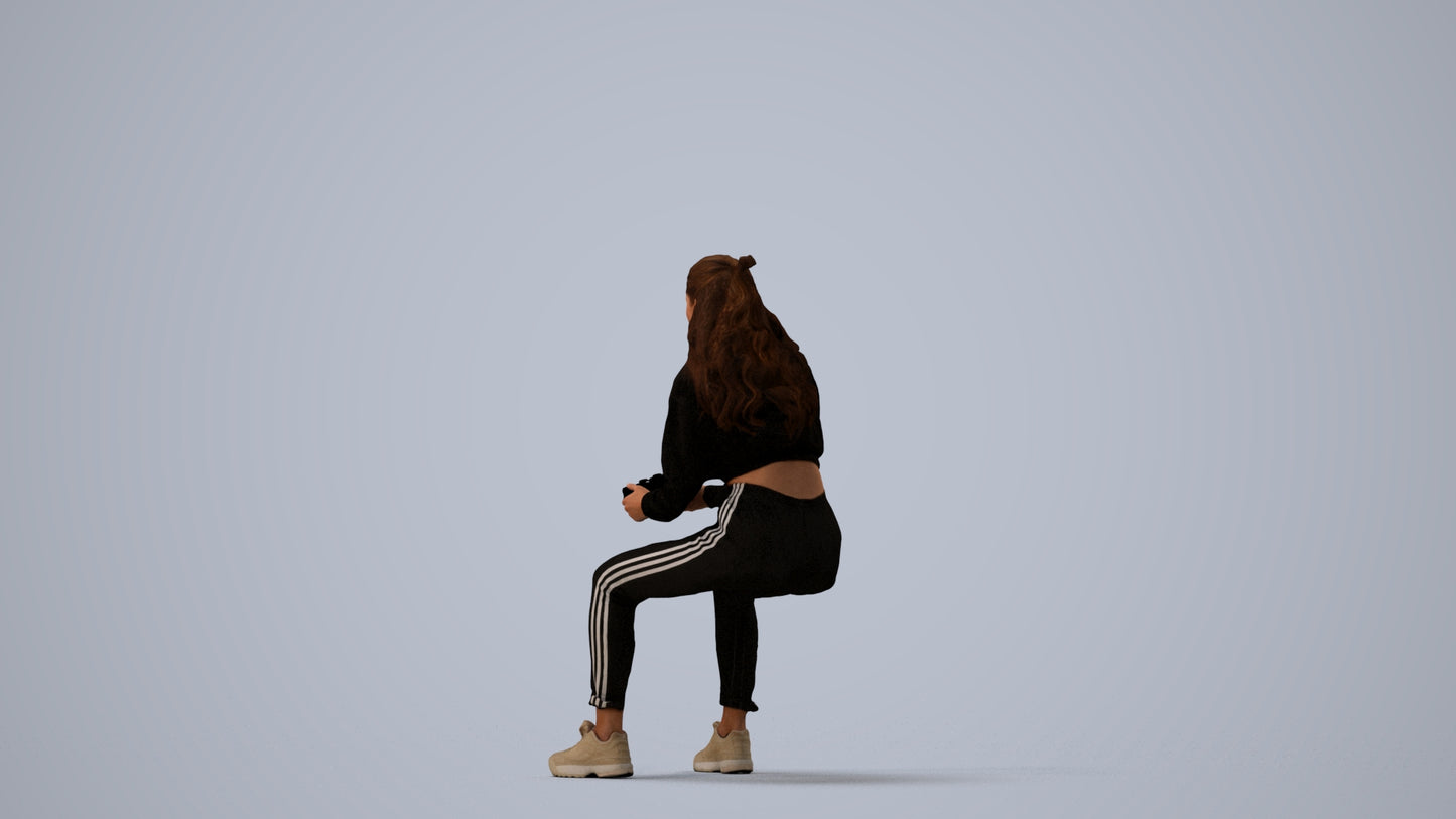 3D scanned woman sitting, photorealistic archviz people for Enscape and SketchUp, three-quarter view render
