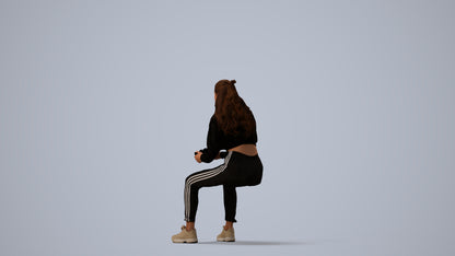 3D scanned woman sitting, photorealistic archviz people for Enscape and SketchUp, three-quarter view render