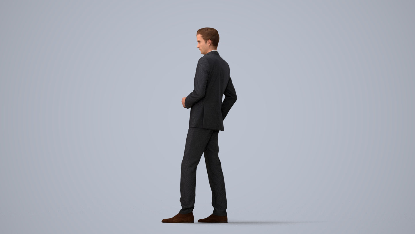 3D scanned man standing business, photorealistic archviz people for Enscape and SketchUp, three-quarter view render