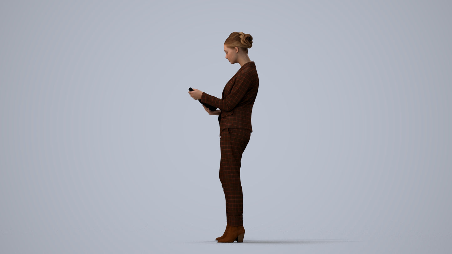 realistic 3D human woman business standing, archviz people FBX OBJ for Blender, three-quarter view render