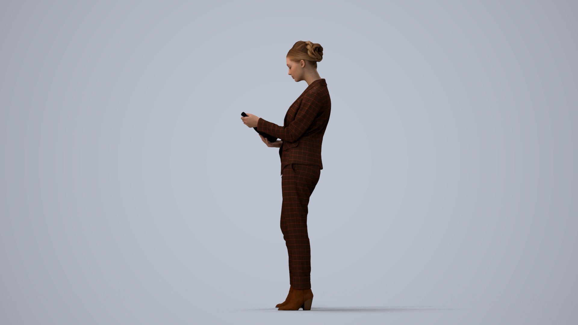 realistic 3D human woman business standing, archviz people FBX OBJ for Blender, three-quarter view render