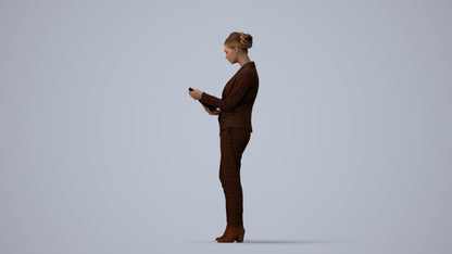 realistic 3D human woman business standing, archviz people FBX OBJ for Blender, three-quarter view render