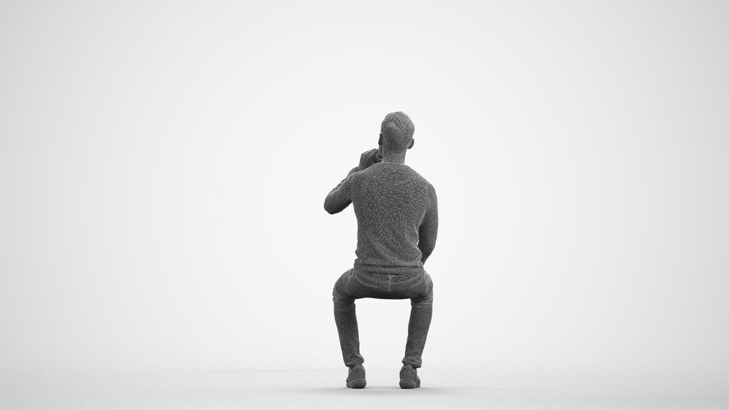 realistic 3D man casual sitting, scanned archviz people for Blender and 3ds Max, wireframe front view