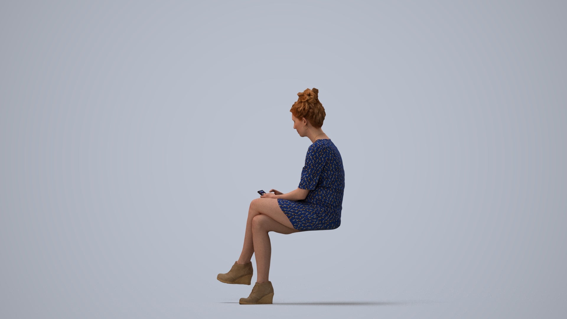 photogrammetry 3D woman casual sitting, realistic human model archviz FBX, three-quarter view render