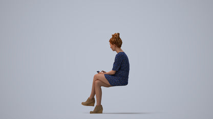 photogrammetry 3D woman casual sitting, realistic human model archviz FBX, three-quarter view render