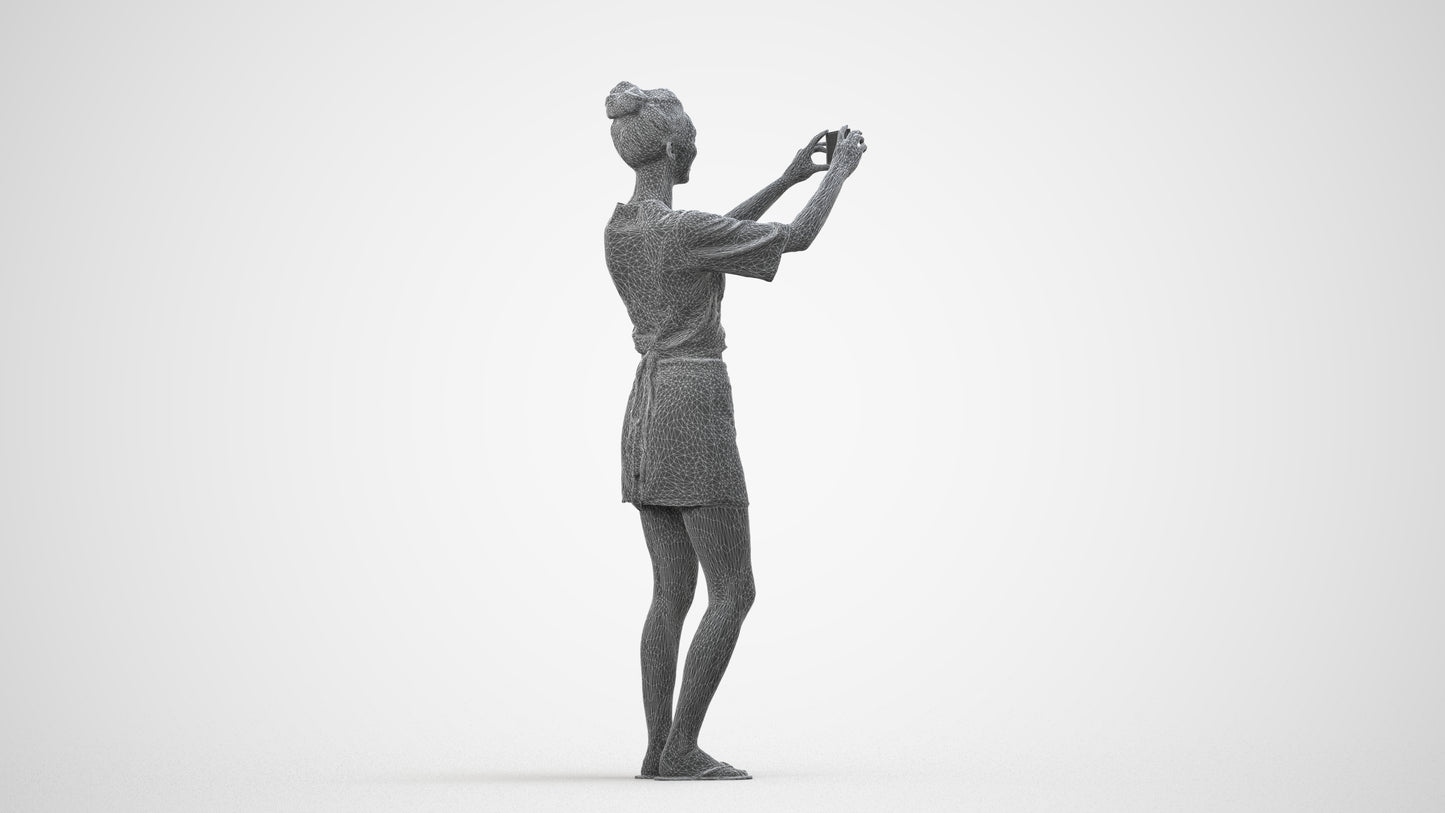 3D human model woman casual standing, photogrammetry scanned person for archviz, wireframe side view