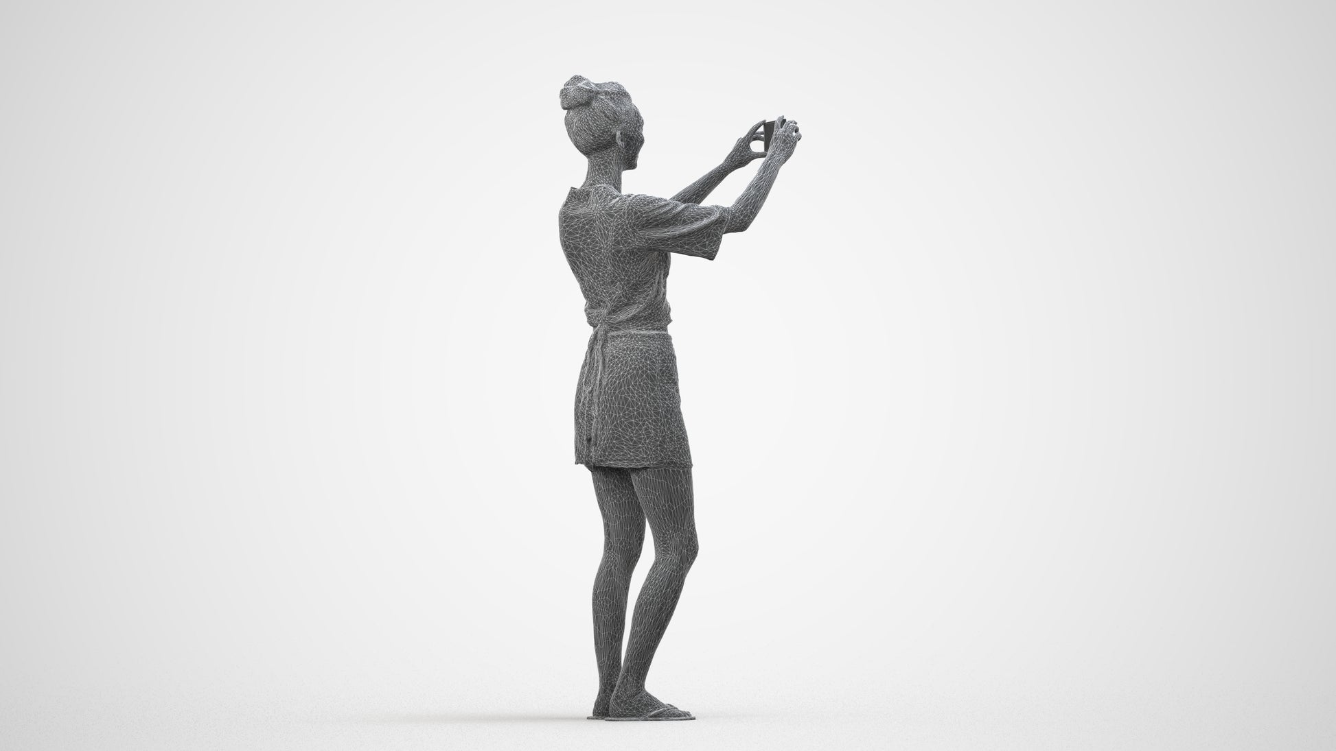 3D human model woman casual standing, photogrammetry scanned person for archviz, wireframe side view