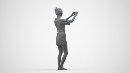 3D human model woman casual standing, photogrammetry scanned person for archviz, wireframe side view