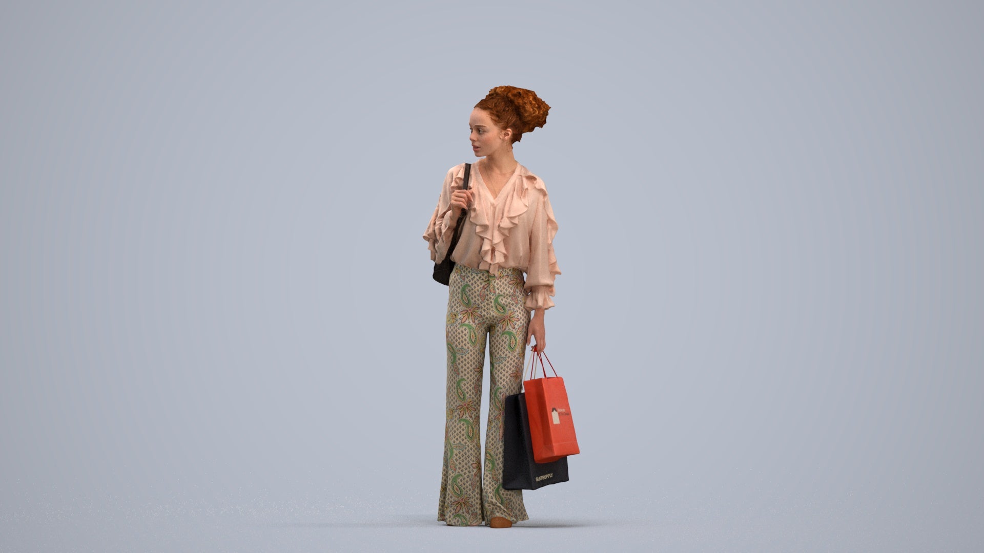 photogrammetry 3D woman casual shopping, realistic human model archviz FBX, standing pose render