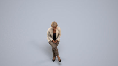 3D human model senior woman business sitting, photogrammetry scanned person for archviz, back view render