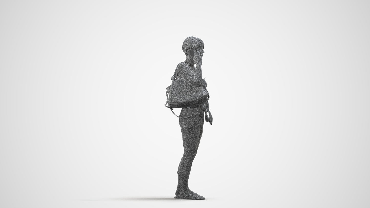 3D scanned senior woman standing, photorealistic archviz people for Enscape and SketchUp, wireframe side view