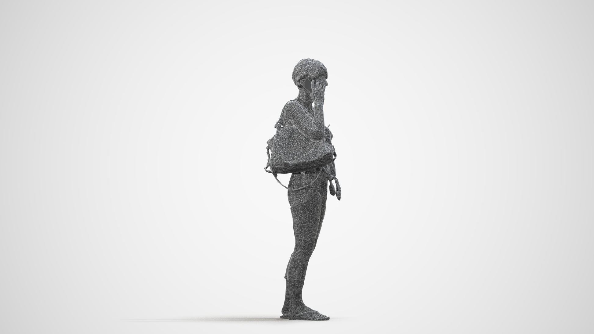 3D scanned senior woman standing, photorealistic archviz people for Enscape and SketchUp, wireframe side view