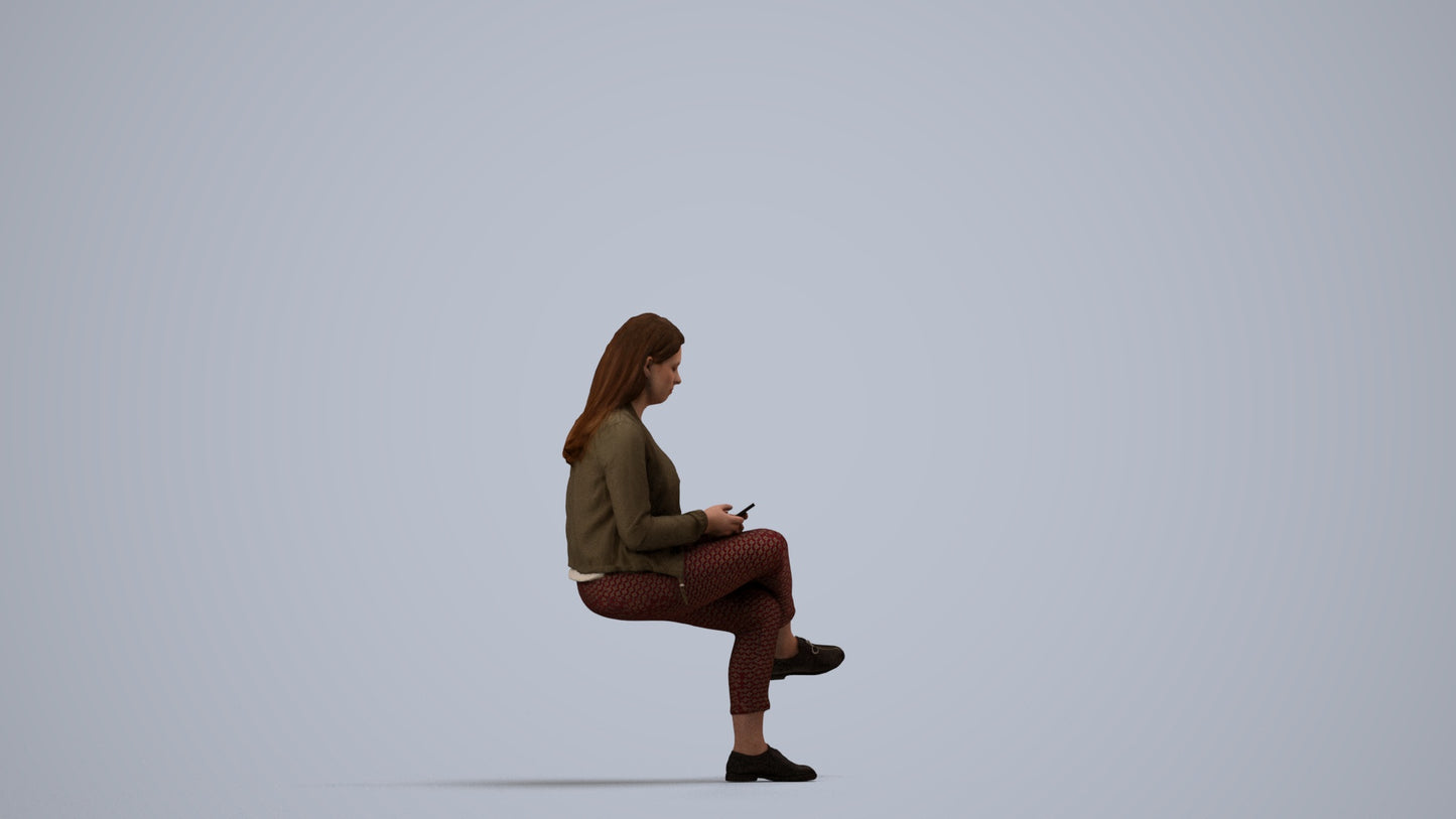 realistic 3D woman casual sitting, scanned archviz people for Blender and 3ds Max, side view render