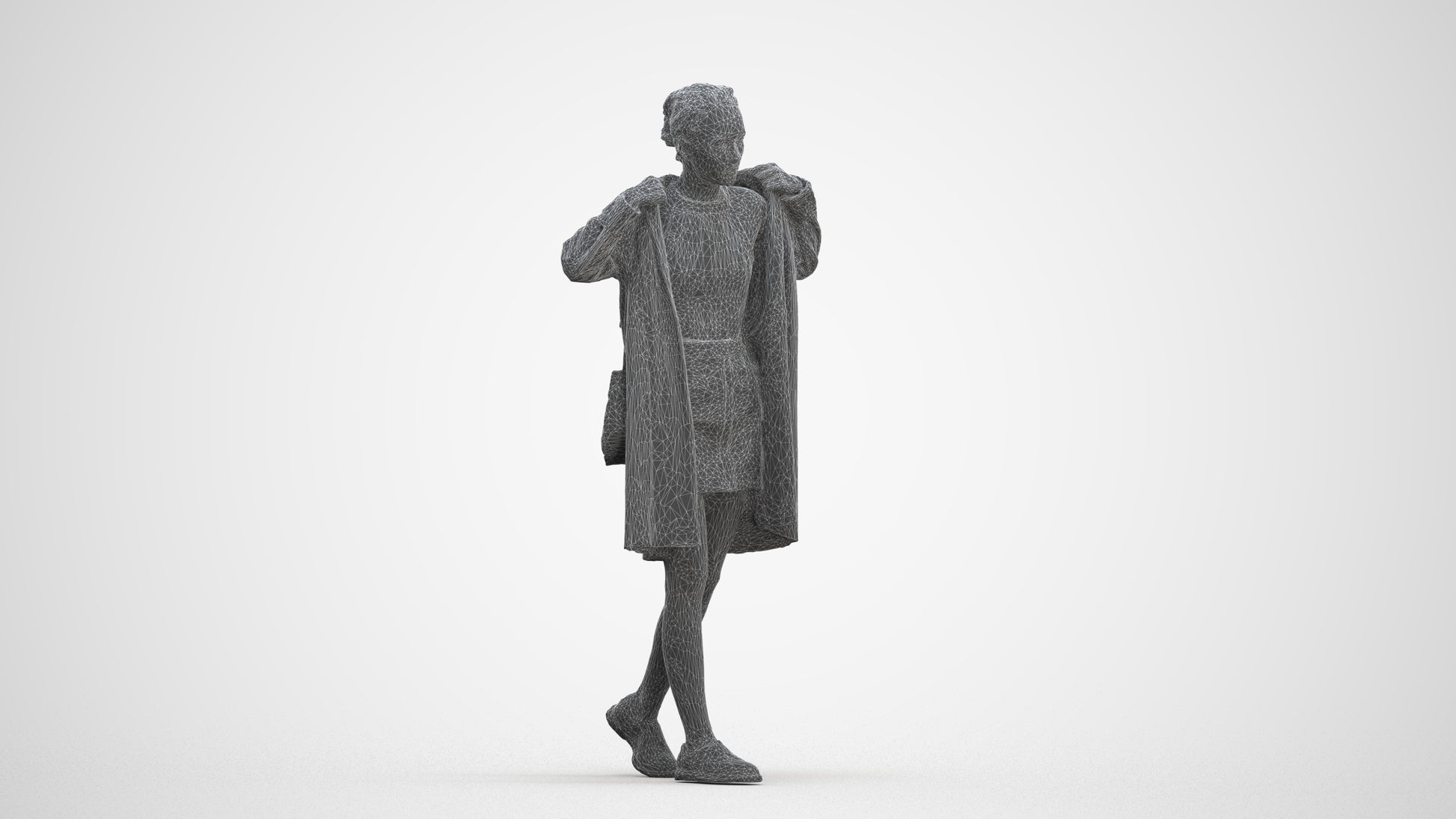 3D human model woman casual walking, photogrammetry scanned person for archviz, three-quarter front view render