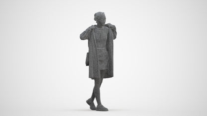 3D human model woman casual walking, photogrammetry scanned person for archviz, three-quarter front view render