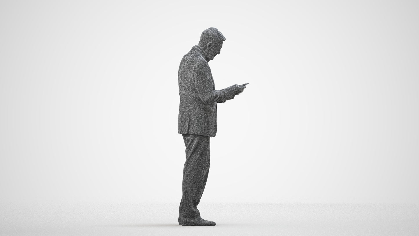 3D scanned senior man business, photorealistic archviz people for Enscape and SketchUp, wireframe side view