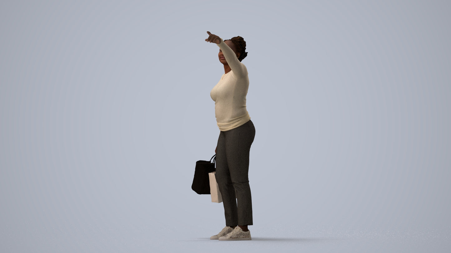 3D scanned woman standing casual, photorealistic archviz people for Enscape and SketchUp, three-quarter view render