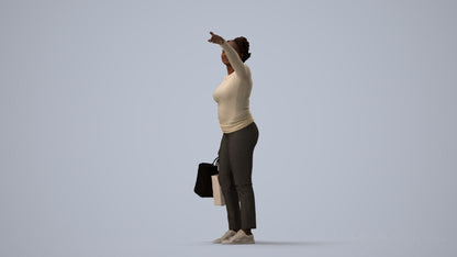 3D scanned woman standing casual, photorealistic archviz people for Enscape and SketchUp, three-quarter view render