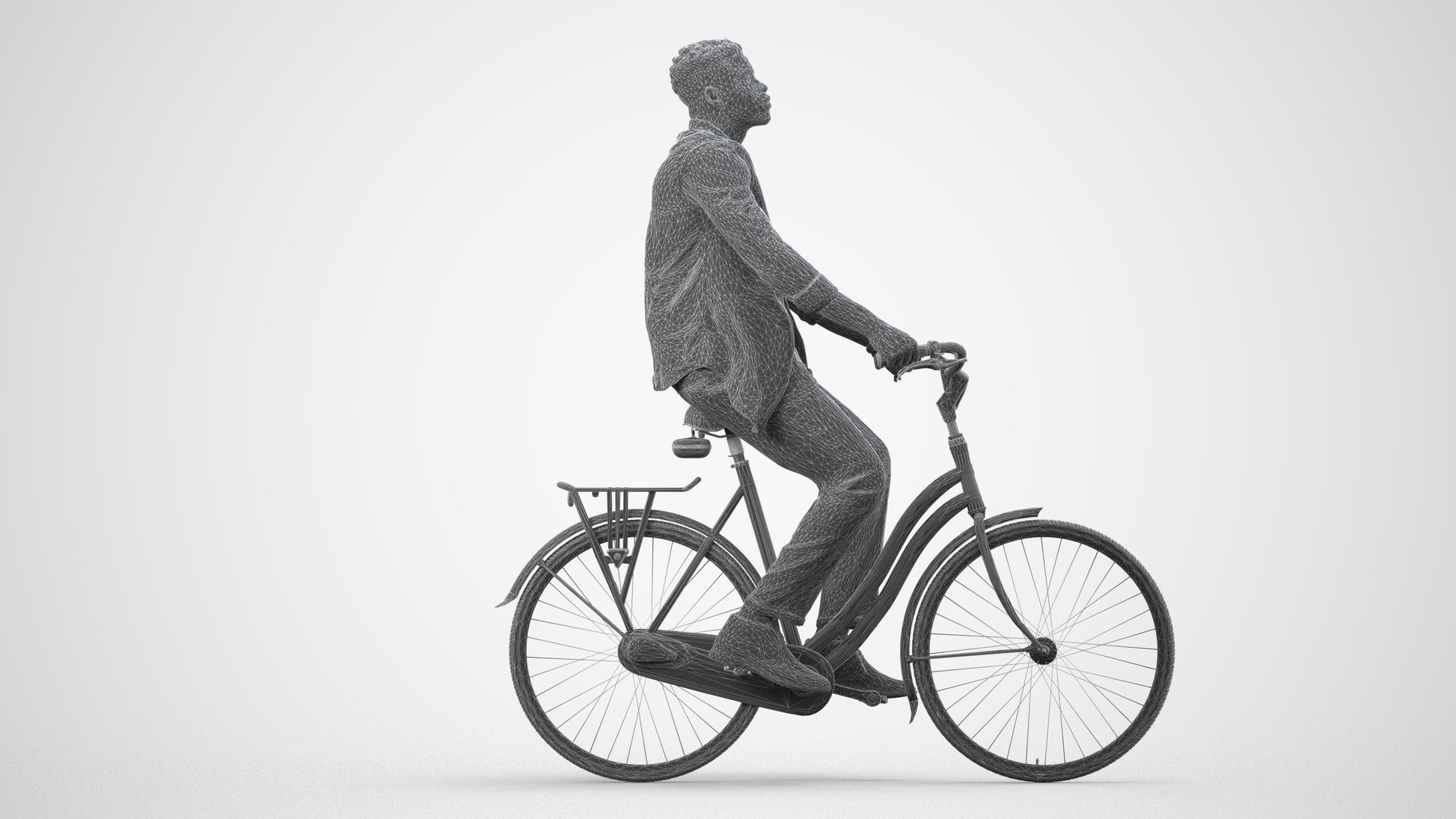 3D people model man casual cycling, scanned human for 3ds Max rendering, wireframe side view