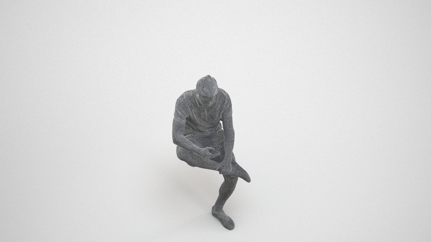 photogrammetry 3D man casual sitting, realistic human model archviz FBX, wireframe three-quarter view