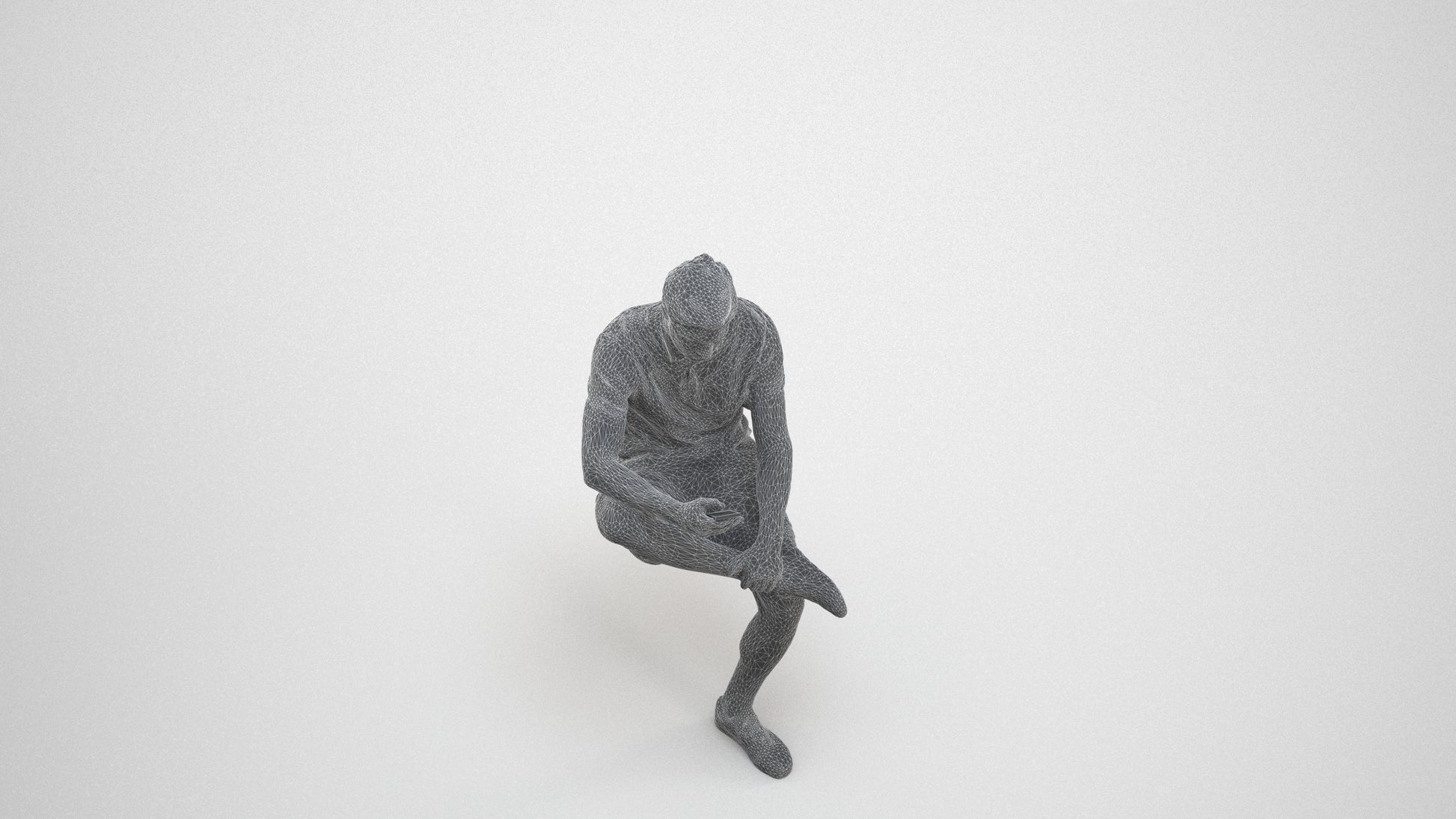 photogrammetry 3D man casual sitting, realistic human model archviz FBX, wireframe three-quarter view