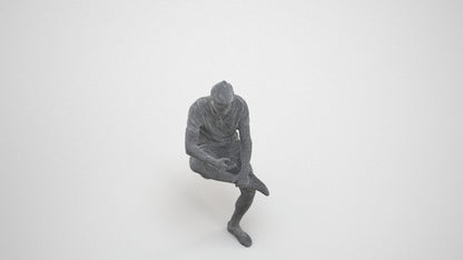 photogrammetry 3D man casual sitting, realistic human model archviz FBX, wireframe three-quarter view