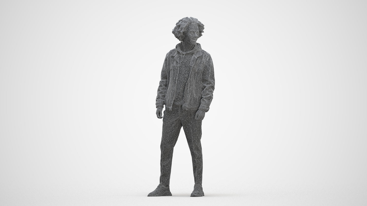 3D human model man casual standing, photogrammetry scanned person for archviz, three-quarter front view render