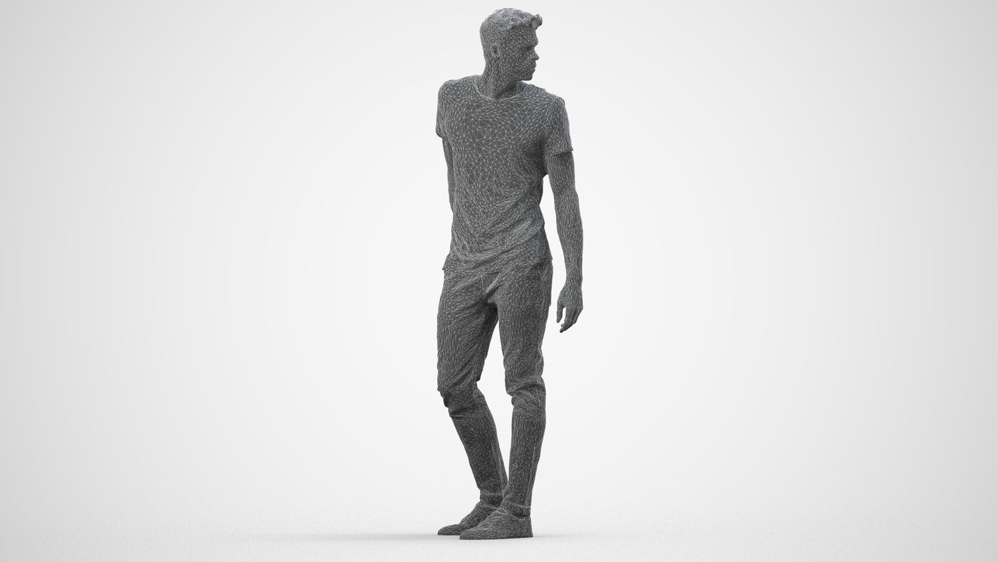 3D scanned man mix casual, photorealistic archviz people for Enscape and SketchUp, wireframe side view