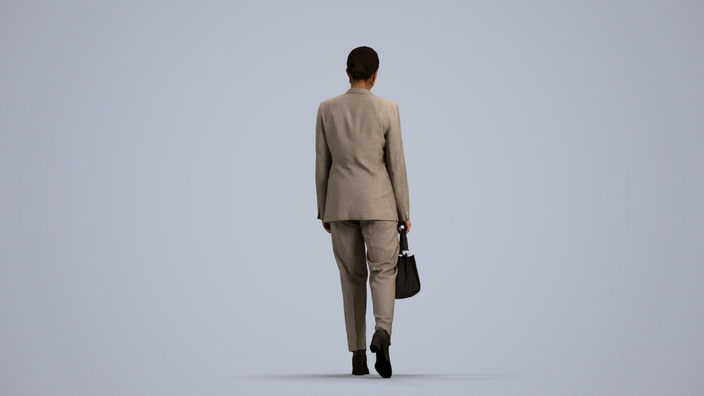 realistic 3D woman business walking, scanned archviz people for Blender and 3ds Max, front view render