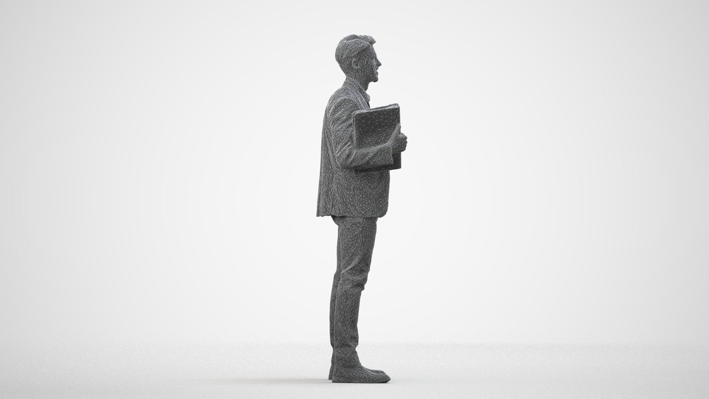 3D human model man business, photogrammetry scanned person for archviz, wireframe side view
