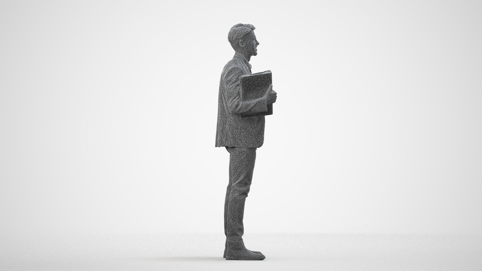 3D human model man business, photogrammetry scanned person for archviz, wireframe side view