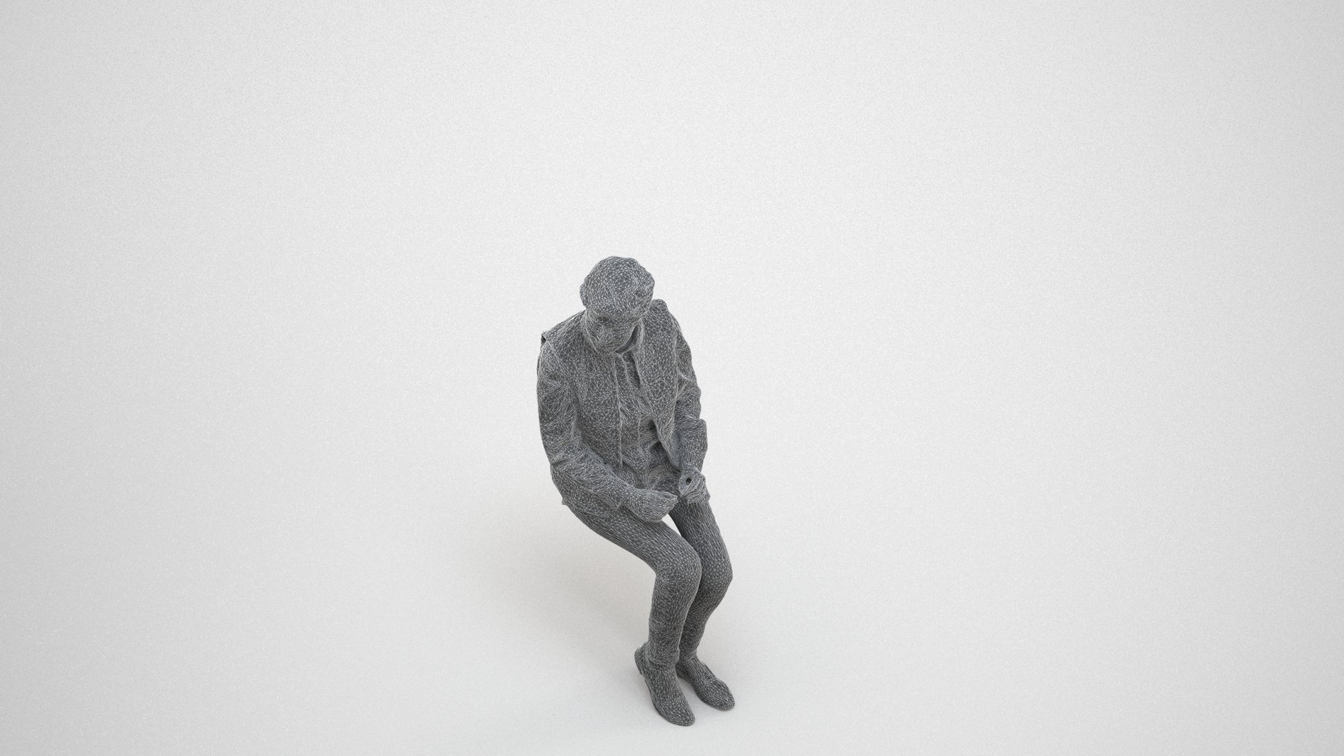 scanned 3D senior woman casual sitting, photogrammetry people for Enscape and V-Ray, wireframe three-quarter view