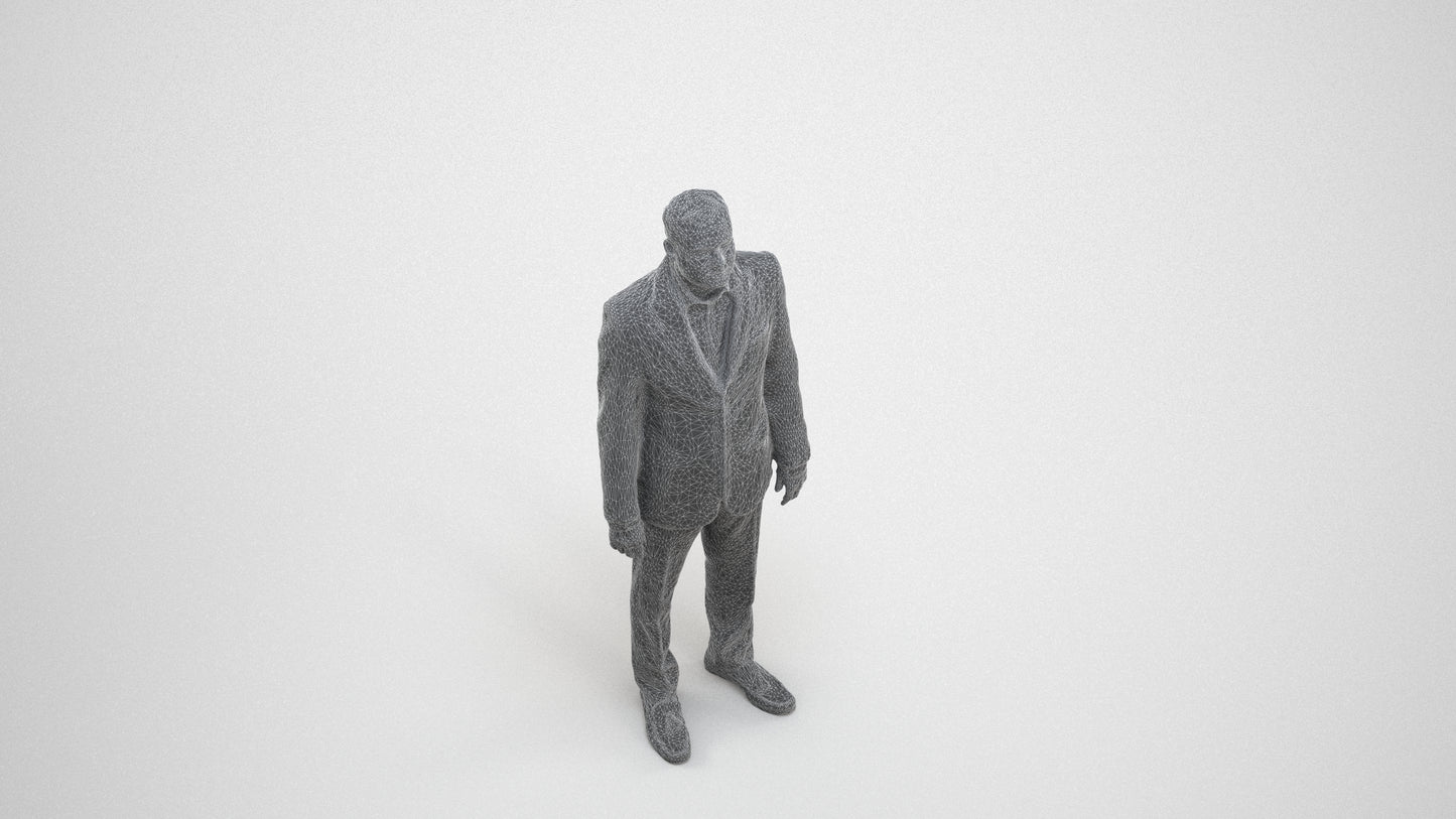 scanned 3D man formal standing, photogrammetry people for Enscape and V-Ray, wireframe three-quarter view