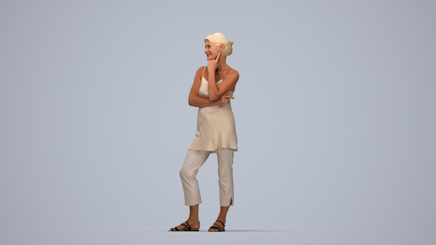 realistic 3D people senior woman casual standing, render-ready for V-Ray and Corona, FBX OBJ, top-down view render