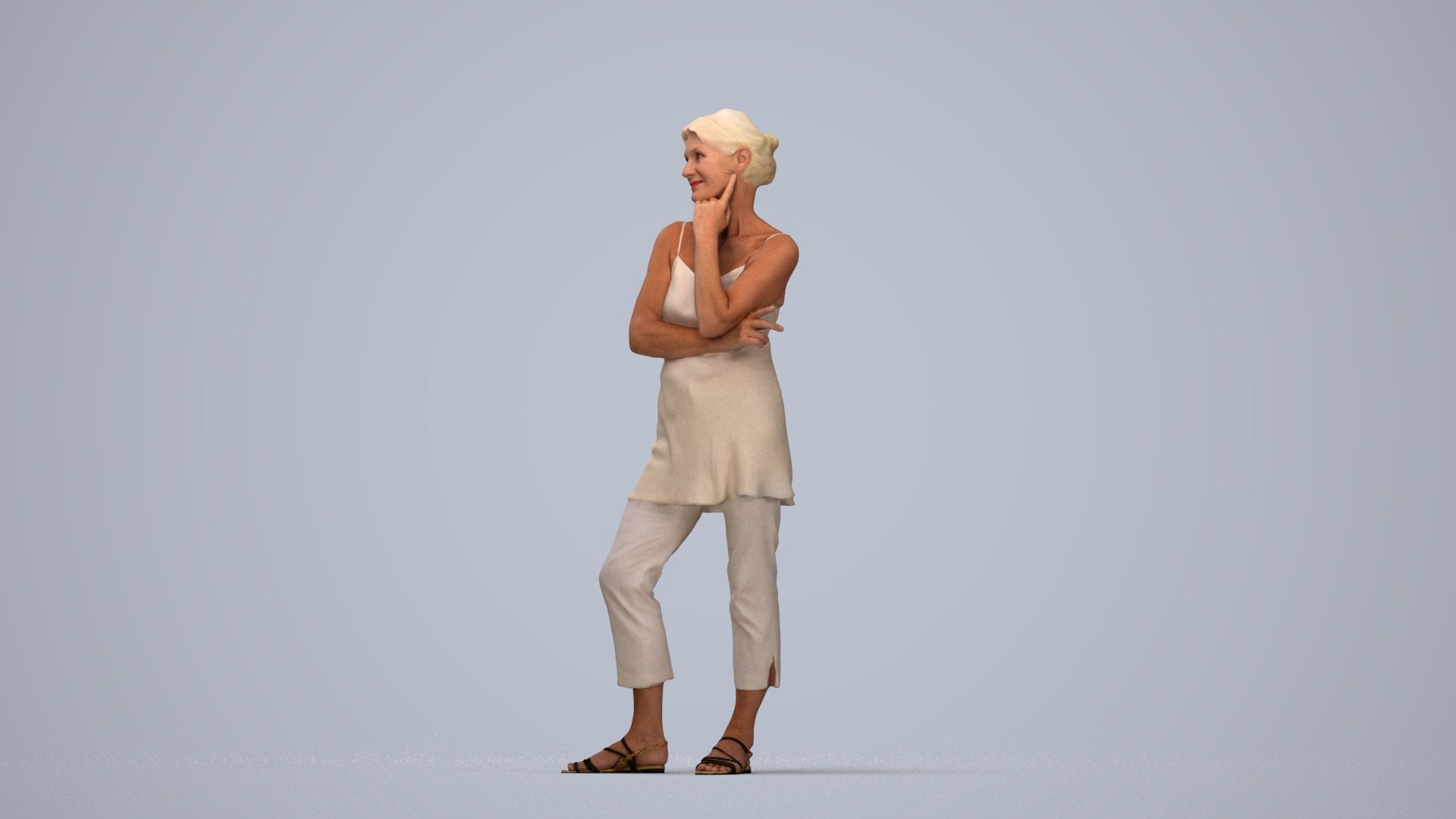 realistic 3D people senior woman casual standing, render-ready for V-Ray and Corona, FBX OBJ, top-down view render