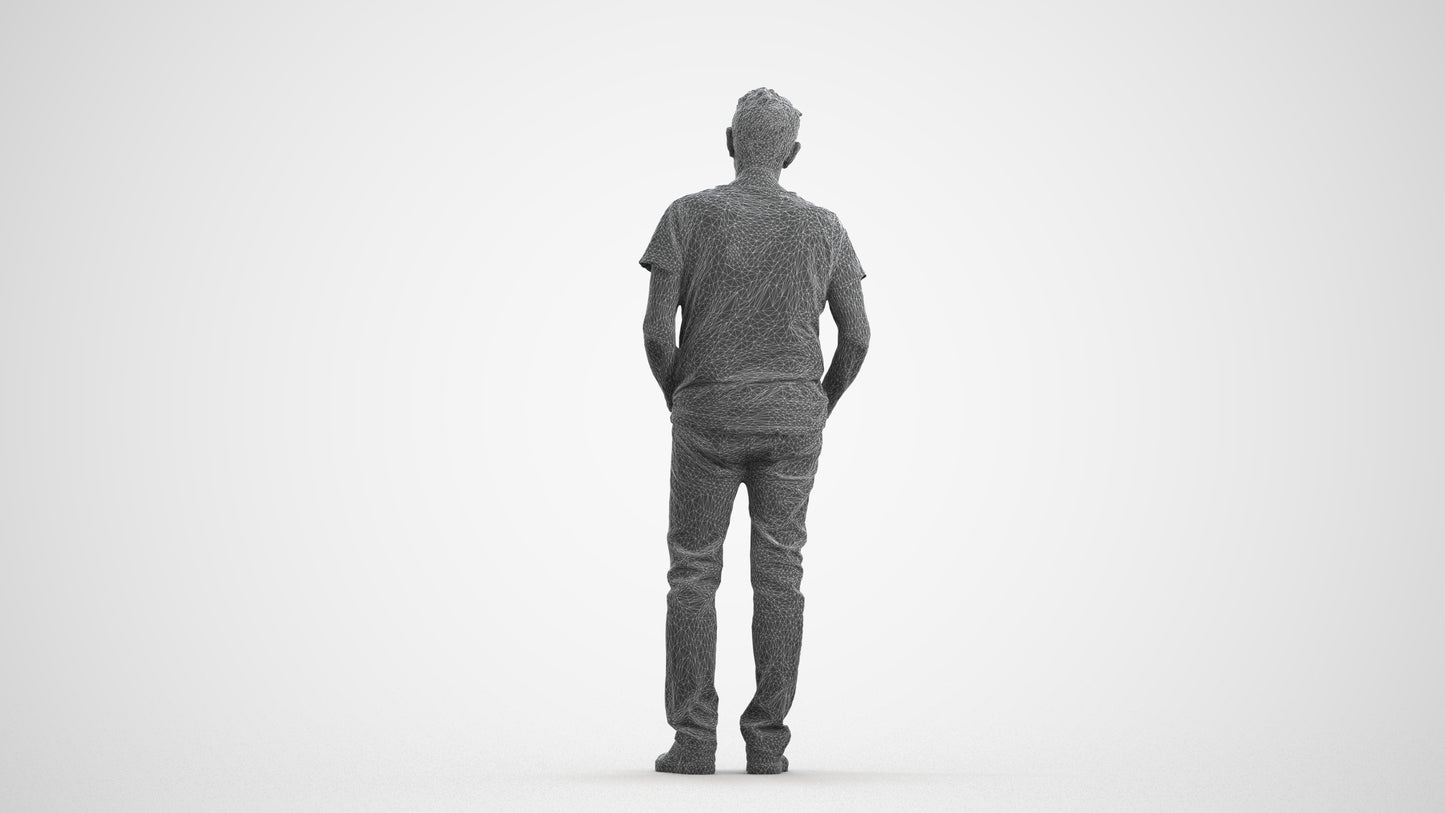 3D human model senior man casual standing, photogrammetry scanned person for archviz, wireframe front view