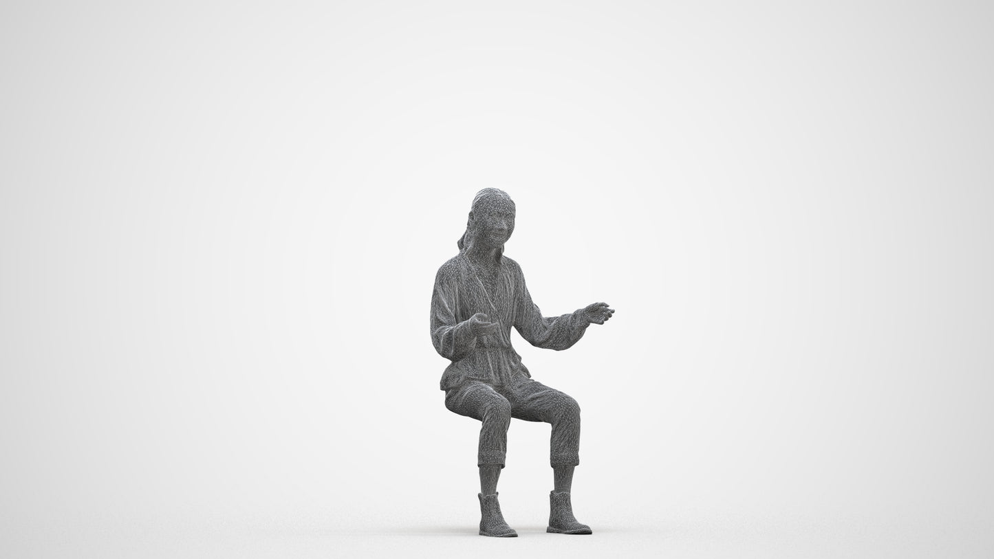 3D scanned woman sitting casual, photorealistic archviz people for Enscape and SketchUp, three-quarter front view render