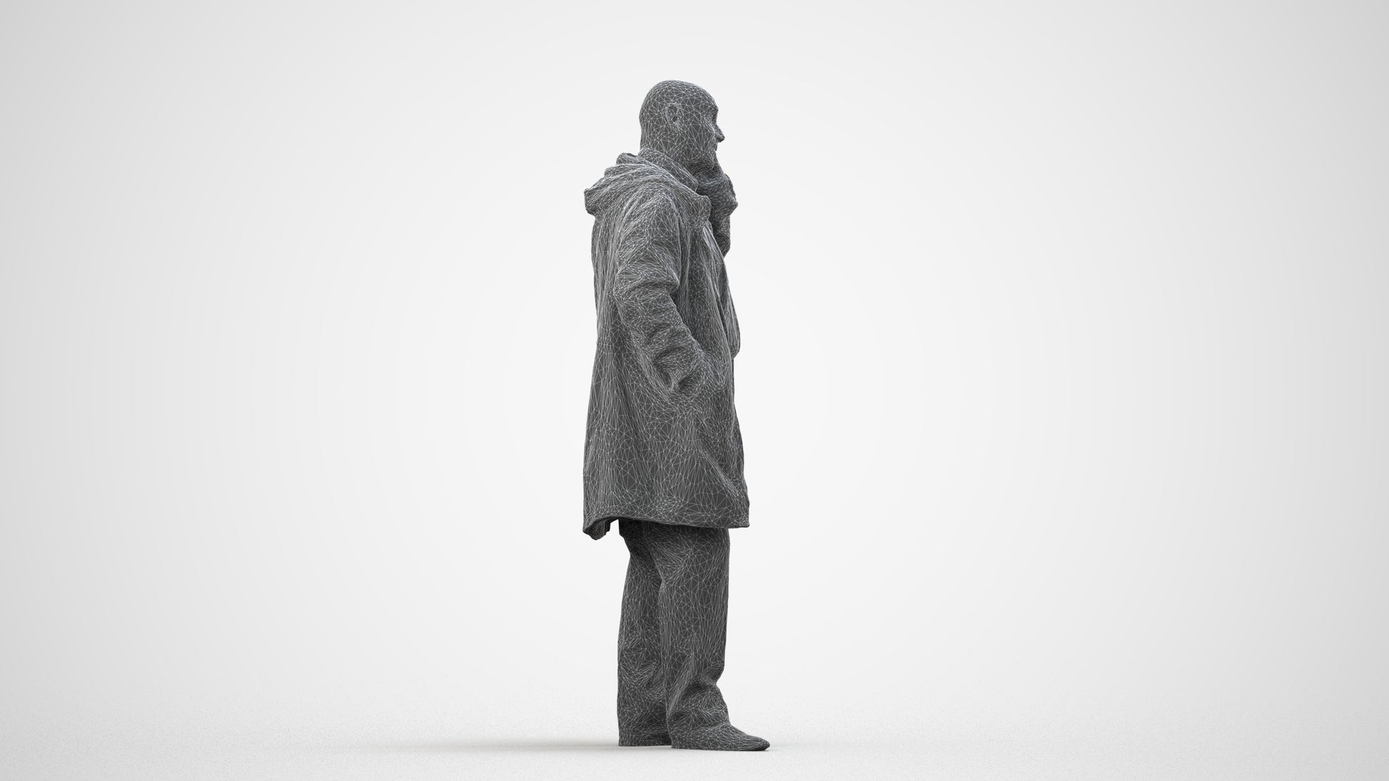 realistic 3D people senior man business standing, render-ready for V-Ray and Corona, FBX OBJ, wireframe side view