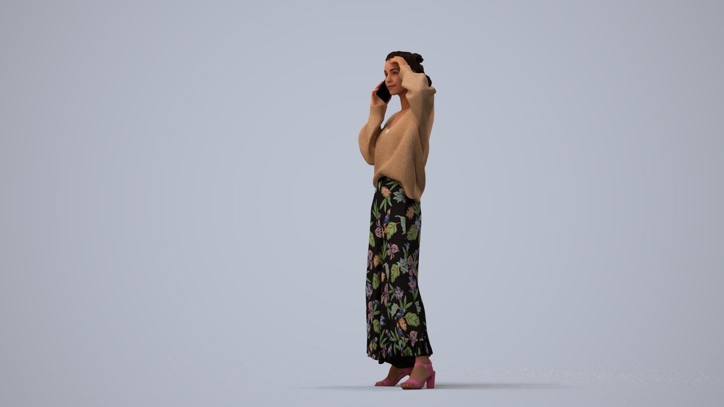 3D human model woman casual standing, photogrammetry scanned person for archviz, three-quarter view render