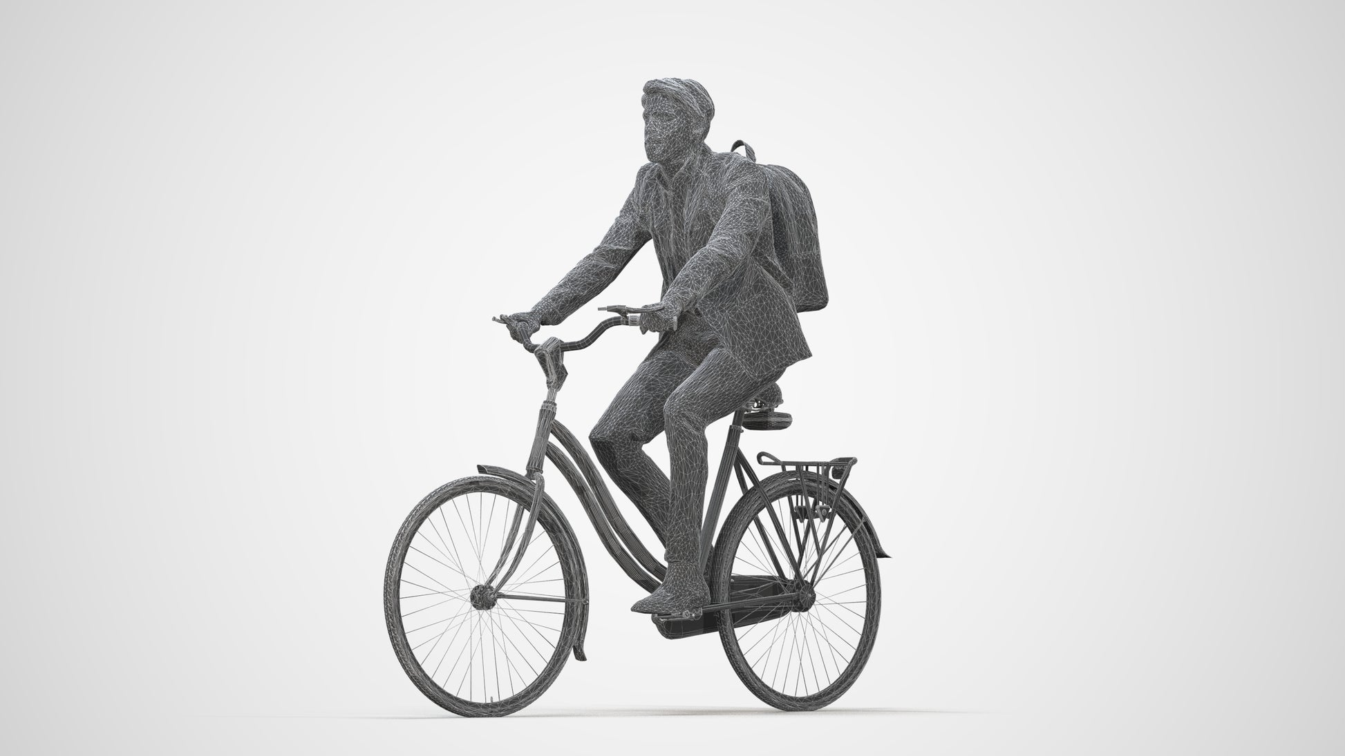 3D scanned man cycling business, photorealistic archviz people for Enscape and SketchUp, wireframe back view
