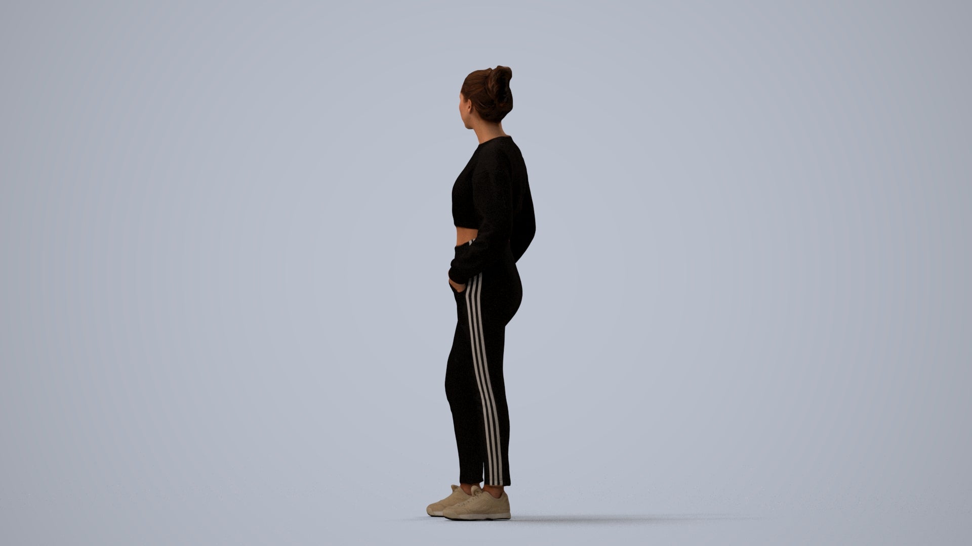 realistic 3D woman sport, scanned archviz people for Blender and 3ds Max, three-quarter view render
