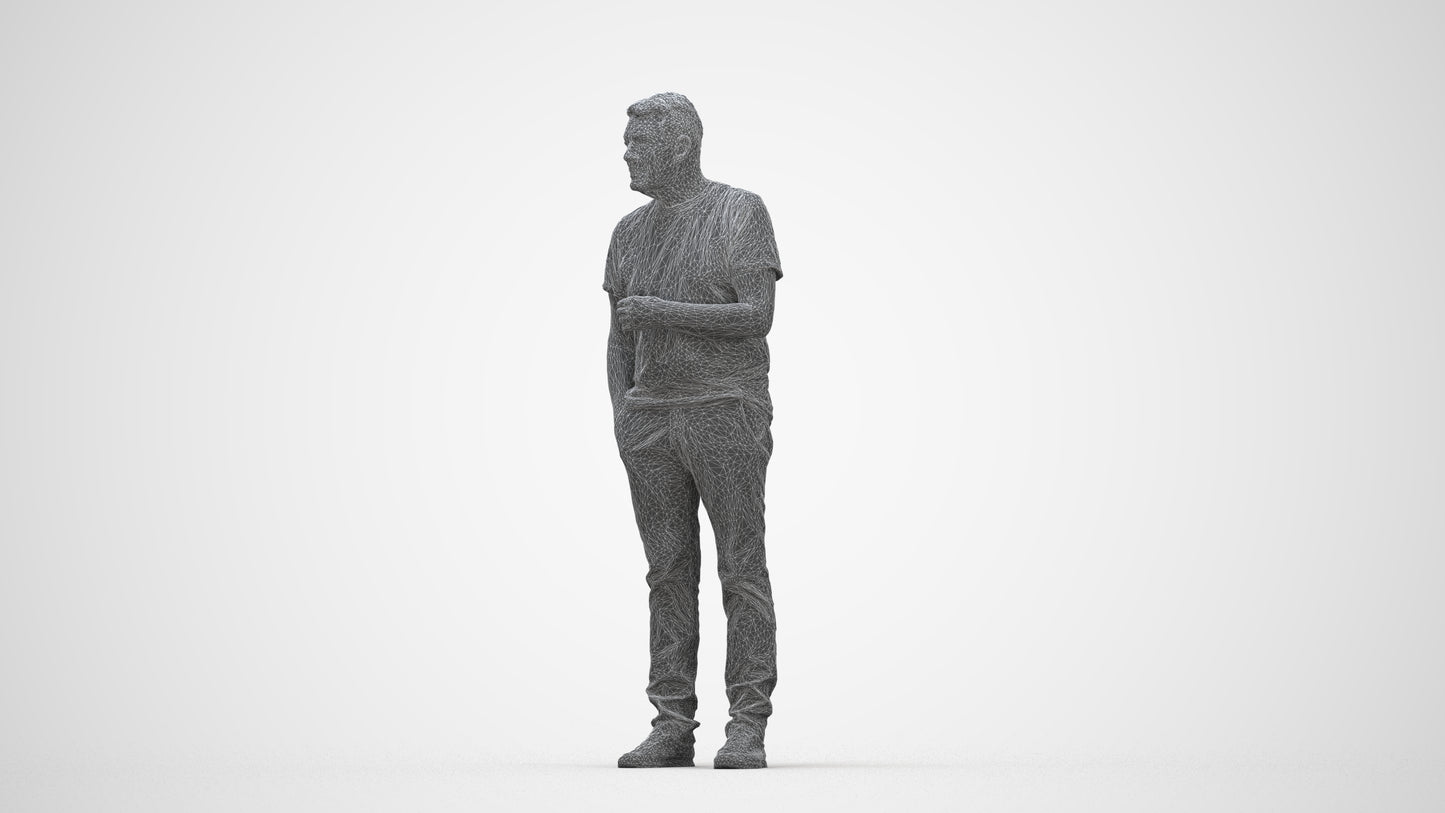 3D human model senior man casual standing, photogrammetry scanned person for archviz, wireframe back view